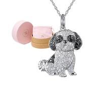 SCAMPER & CO Shih Tzu Pendant Necklace for Women and Girls - Genuine Gemstone and Cubic Zirconia Puppy Charm with Elegant Backplate, Premium Plated Sterling Silver Chain Easy Closure,18 inch