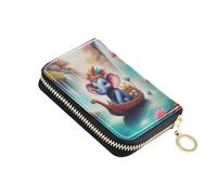 Scan Proof Womens Wallets Small RFID Blocking Credit Card Holders Cute Cartoon Elephant Floral Blue Travel Wallet with Zipper
