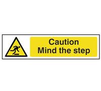 Scan SCA5109 Self adhesive PVC sign - Caution Mind the step - White, 200 x 50mm
