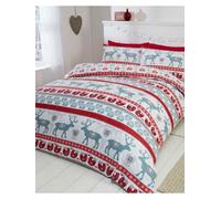 Scandi 100% Brushed Cotton Flannelette Quilt Duvet Cover and 2 Pillowcase Bedding Bed Set, Red/Multi-Colour, King
