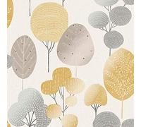 Scandi Forest Tree Metallic Wallpaper Woodland Leaf Yellow Grey Shimmer YL