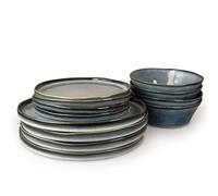 Scandi Home Oslo Ceramic Tableware Set - Reactive Glaze Finish - Oatmeal or Blue - 16 Piece, 12 Piece or Sets of 4 - Durable, Microwave & Dishwasher Safe Stoneware (Blue, 12 Piece Set)