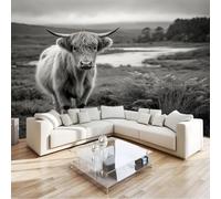 Scandi Minimalist Animal Highland Cow Prairie Wall Mural 300 x 210 cm Graphite Grey Non-Woven Photo Wallpaper, Large Wall Covering for Living Room & Bedroom, Paste the Wall