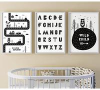 Scandi Monochrome Wall Art Set of 3 Unframed Nursery Prints, Baby Boy Girl Bedroom Playroom Decor, Little Explorer Wild Child Alphabet (A3)