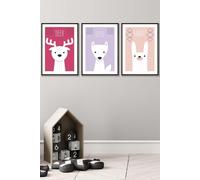 Scandi Nursery Forest Animals Pink Lilac Framed Wall Art - Large ARTZE Black W53cm x H73cm x D20mm