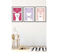 Scandi Nursery Forest Animals Pink Lilac Framed Wall Art - Medium ARTZE Black W45cm x H62cm x D20mm