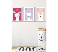 Scandi Nursery Forest Animals Pink Lilac Framed Wall Art - Medium ARTZE Light Grey W45cm x H62cm x D20mm