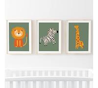 Scandi Safari Nursery Prints, Zebra Giraffe Lion Set of 3 Animal Nursery Prints, Jungle bedroom accessories [Picture Frames Not Included] (Green, 5x7 Inch)