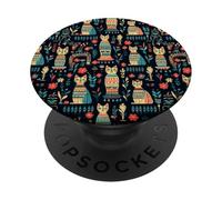 Scandi Tribal Cat Geometric Teal Rustic Pattern PopSockets Adhesive PopGrip
