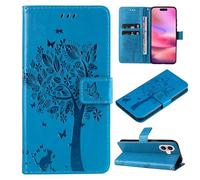 ScandiCasis for iPhone 16 Flip Case, Tree Pattern Leather Book Folio Cover with [2*Card Slots] [Wallet] [[Kickstand], Magnetic Closure Shockproof Phone Case, Blue
