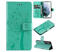 ScandiCasis for Samsung Galaxy S23 Flip Case, Tree Pattern Leather Book Folio Cover with [2*Card Slots] [Wallet] [[Kickstand], Magnetic Closure Shockproof Phone Case, Green