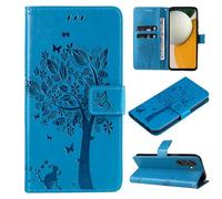 ScandiCasis for Samsung Galaxy S24/S25 Flip Case, Tree Pattern Leather Book Folio Cover with [2*Card Slots] [Wallet] [[Kickstand], Magnetic Closure Shockproof Phone Case, Blue