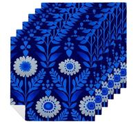 Scandinavian Folk Art Pattern Blue Cloth Napkins Set of 6, Square Premium Reusable Washable Polyester Table Linen Napkin for Dinner Party