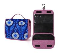 Scandinavian Folk Art Pattern Blue Travel Toiletry Bag for Women,Hanging Makeup Organizer with Hook for Shampoo