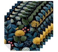 Scandinavian Folk Art Pattern Yellow Flower Cloth Napkins Set of 6, Square Premium Reusable Washable Polyester Table Linen Napkin for Dinner Party