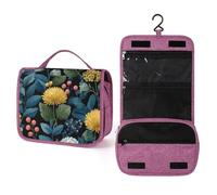 Scandinavian Folk Art Pattern Yellow Flower Travel Toiletry Bag for Women,Hanging Makeup Organizer with Hook for Shampoo