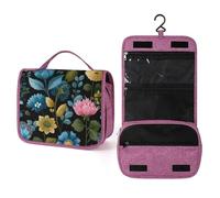 Scandinavian Folk Art Pink Flower Travel Toiletry Bag for Women,Hanging Makeup Organizer with Hook for Shampoo