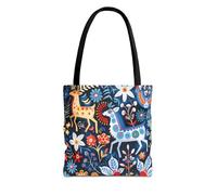 Scandinavian Folk Horses Tote Bag, Folk Art Reusable Shopping Bag, Nordic Design Beach Tote, Scandinavian Style Shoulder Bag, Black, 13" × 13''