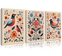 Scandinavian Folk Wall Art Nodic Flower Canvas Wall Decor Norwegian Wall Art Poster Swedish Antique Wall Decor Pictures Floral Bird Prints Vintage Poster for Home Kitchen 12x16x3 Inch Framed