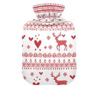 Scandinavian Merry Christmas Heart Deer Snowflake Cute hot Water Bottle with Soft Cover, 2L Warm Water Bottle for Bed for Arthritis, Period Cramps, compresas calientes para el vientre