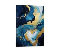 Scandinavian Style Marble Painting on Canvas Wall Art Navy Blue Gold Fluid Abstract Modern Stretched And Framed Canvas Prints Artwork for Home Decorations Ready to Hang Wall Decor 12x18inch(30x45cm)