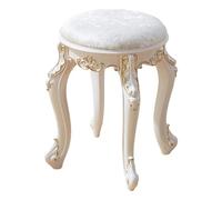 Scandinavian Vintage Round Vanity Chair 43cm Height Padded Makeup Stool Portable Footrest for Small Spaces White PU Leather with Gold Legs Ideal for Bedroom & Living Room.