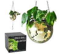 SCANDINORDICA Disco Ball Planter - Disco Ball Plant Hanger, Mirror Disco Planter with Chain, Macrame Hanger, Acrylic Stand and Insert Pot, Hanging Planter | Disco Ball Decor - 20 cm (8“) Gold