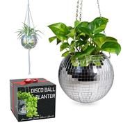 SCANDINORDICA Disco Ball Planter - Mirror Ball Plant Hanger with Chain, Macrame Hanger, Acrylic Stand and Insert Pot, Glitter Hanging Planter | Disco Ball Decor - 20 cm (8“) Silver