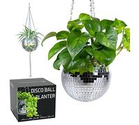 SCANDINORDICA Disco Ball Planter - Mirror Ball Plant Hanger with Chain, Macrame Hanger, Acrylic Stand and Insert Pot, Glitter Hanging Planter | Disco Ball Decor - 15 cm (6“) Silver