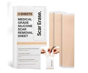 SCAR ERASE Medical Grade Silicone Scar Sheets (3cm x 15cm) - Soften and Flattens Keloid, Hypertrophic, Surgery, Injury & C-Section Scars - Vegan, Cruelty-Free - 6 Week Reusable Treatment (Pack of 3)