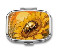 Scarab Sunflower Pill Box Travel Pill Organizer 2-Compartment with Mirror Design Portable Square Medicine Case for Vitamins, Jewelry & Essentials Durable Pocket Pillcase for Purse, Camping