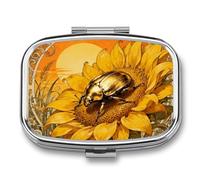 Scarab Sunflower pilldispenser with Mirror 2 Compartments Waterproof PillCase for Purse Pocket Non-Slip Grip Travel Medicine Organizer Container Box for Vitamin Fish Oil Supplement
