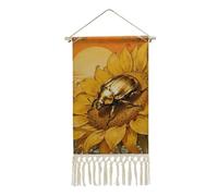 Scarab Sunflower Poster Hanger Frame, Long Vertical Wall Hanging Vintage Tapestry with Tassel, Room Decor, Hanging Cotton Linen Framed Wall Art Decor for Home, 10x19.6 Inch