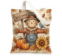 Scarecrow Canvas Tote Bag for Women, Fall Rustic Sunflower Pumpkin Fall Orange Washable Reusable Market Tote Bag Ideas for Outdoor Travel Workday Reading 13x15 Inch