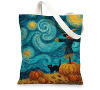 Scarecrow Canvas Tote Bags, Artistic Harvest Scene Reusable Grocery Bags, Fanciful Vintage Lightweight Washable Shoulder St, Blue, 13x15 Inch