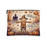 Scarecrow Canvas with Zipper, Fanciful Festive Pumpkins Haunted House Halloween Orange Canvas with Zipper Travel Makeup Bag for Travel, Bathroom, Vanity Organizer and Purse Storage 7x9 Inch