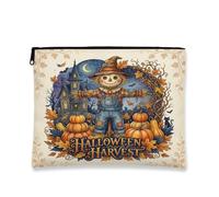 Scarecrow Canvas with Zipper, Festive Vintage Pumpkins Haunted House Halloween Orange Portable with Zipper Cosmetic Travel Bag for Travel, Bathroom, Vanity, Purse Storage and Gifts 7x9 Inch