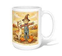 Scarecrow Ceramic Coffee Mug, Fall Rustic Alpaca Pumpkin Fall Orange Novelty Tea Mug with Handle Ideal for Friends Family Co-worker Lovers Eldership Senior 15 Oz