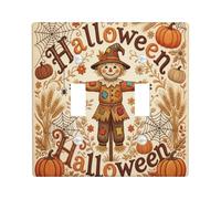 Scarecrow Double Light Switch Cover Plate, Fanciful Rustic Pumpkins Spider Web Halloween Orange Standard Size Switch Plate Decorative for Living Room Bedroom Home Office Decor