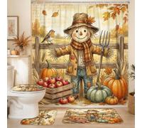 Scarecrow Shower Curtain Sets, Rustic Fanciful Pumpkins Apples Fall Orange Washable with Hooks Design Bathroom Shower Curtain and Rug Set for Home Bath Toile Hotel Decor 72x72 Inch
