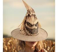 Scarecrow Witch Hat - Halloween Costume Accessory | Pointed Rustic Straw Hat With Patch Design | Farmhouse Scarecrow Witch Hatt For Party, Cosplay & Decor Photography
