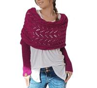 Scarf with Sleeves for Women, Knitted Cable Wrap, Girl Ladies Multifunctional Hollow Out Knitted Crochet Cocoon Shrug with Sleeves (Wine Red, One Size)