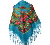 Scarf Wrap Traditional Ukrainian Polish Fringed Floral Neck Head Shawl, Light Blue
