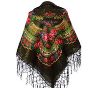 Scarf Wrap Traditional Ukrainian Polish Russian Fringed Floral Neck Head Shawl, Black, 59”x59”