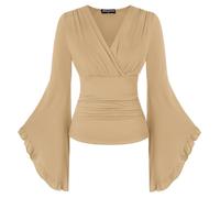 Scarlet Darkness Bell Sleeve Tops for Women Renaissance Shirt Pirate Peasant Blouse, Khaki, Medium