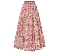 Scarlet Darkness Boho Maxi Skirt for Women Tiered Flowy Long Skirts with Pockets 2026 Summer Spring Vacation Outfits, Beige Orange-red Floral, M