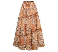 Scarlet Darkness Boho Maxi Skirt for Women Tiered Flowy Long Skirts with Pockets 2026 Summer Spring Vacation Outfits, Orange Patchwork Floral, M