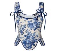 Scarlet Darkness Bustier Tops for Women Renaissance Floral Lace Up Bodyshaper Corset with Zipper, Blue Bloom, 16