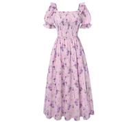 Scarlet Darkness Floral Dress for Women Summer Puff Sleeve Square Neck A Line Flowy Wedding Guest Tea Party Dresses, Blush Lavender, L