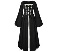 SCARLET DARKNESS Gothic Dresses for Women UK Bell Sleeves Lace-up Front A Line Steampunk Folklore Corset Dress Black XL